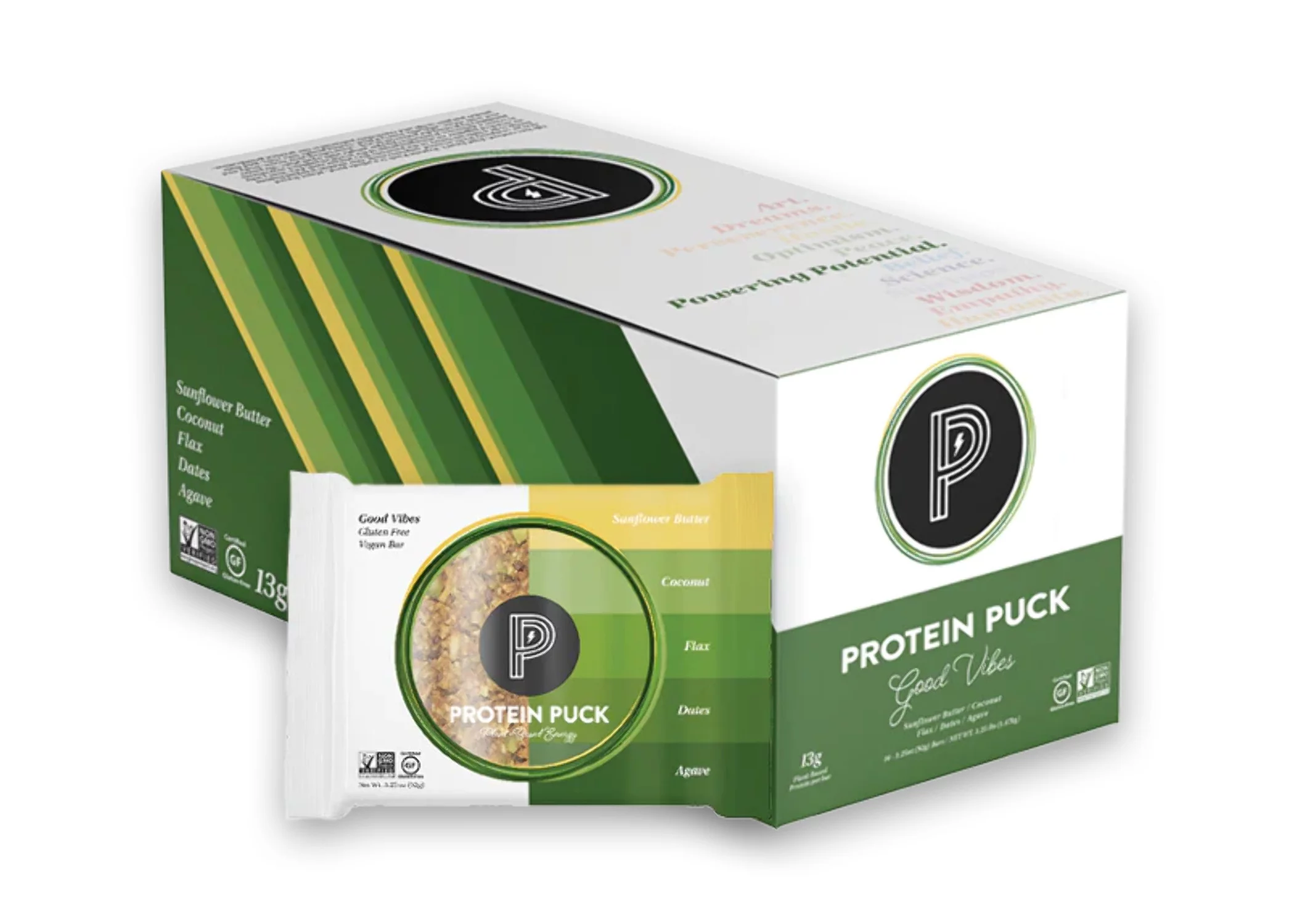 Protein Puck Vegan Protein Bars Coconut, Dates Flavor Good Vibes | 13g Plant Based Protein | 16 Count