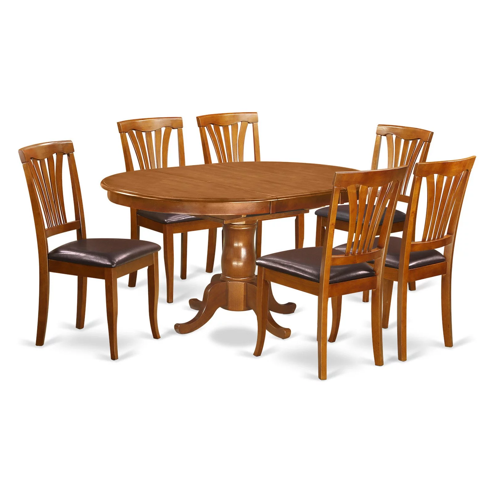East West Furniture  7 Piece Dining Set Consist of an Oval Dining Room Table and 6 Faux Leather Chairs, Saddle Brown