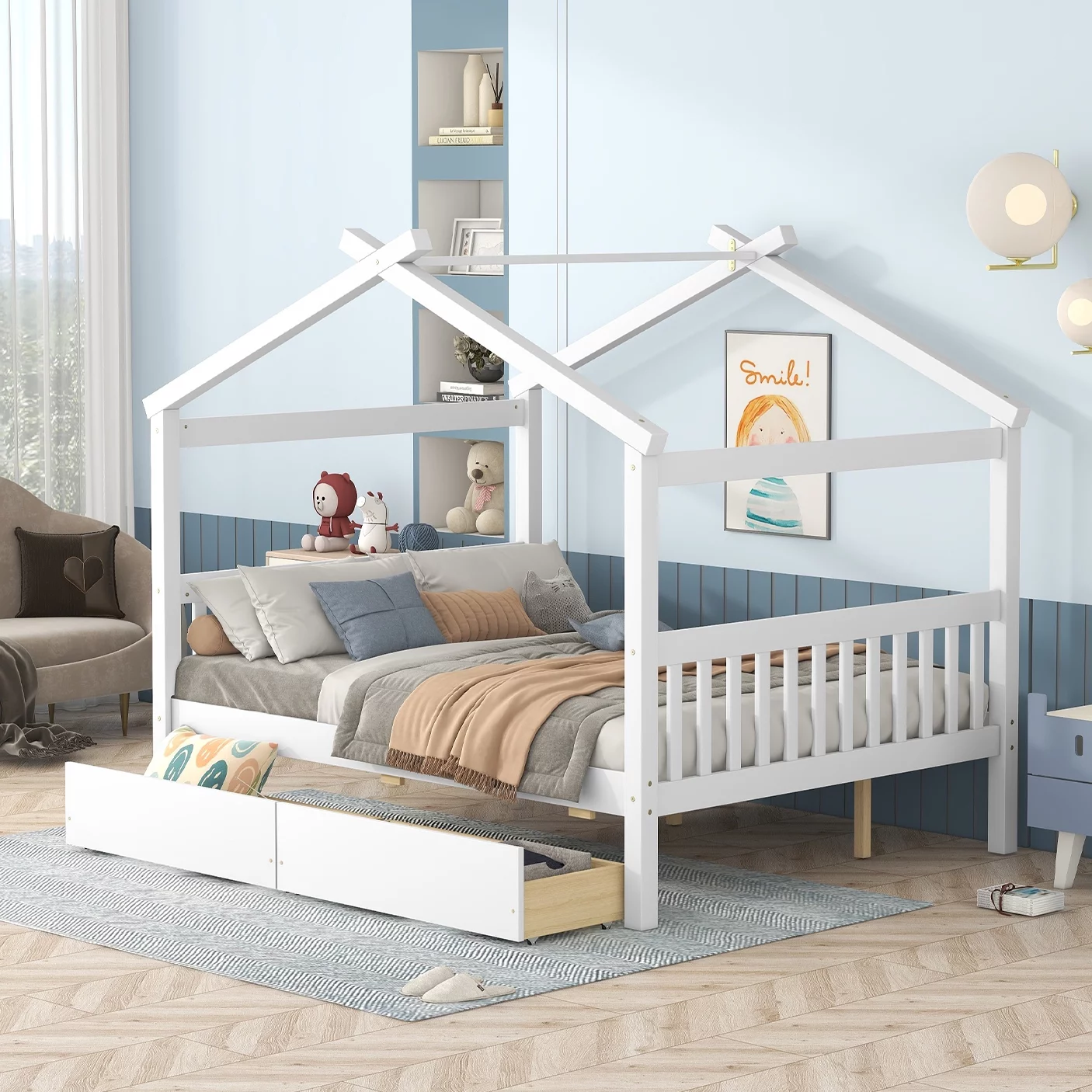 Bellemave Kids House Bed with Drawers Full Size Platform Bed with Storage Playhouse Design Wooden House Bed Frame With Headboard and Footboard for Boys Girls Teens, White