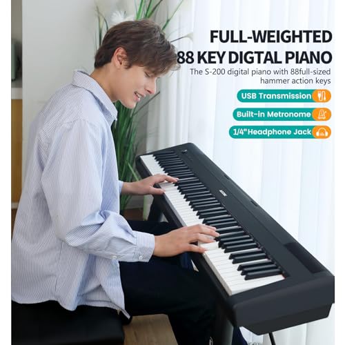 AODSK Weighted Piano 88-Key Beginner Digital Piano,Full Size Weighted keyboard with Hammer Action,with Sustain Pedal,15W Stereo Speakers,MP3 Function,Piano Lessons,Black,S-200