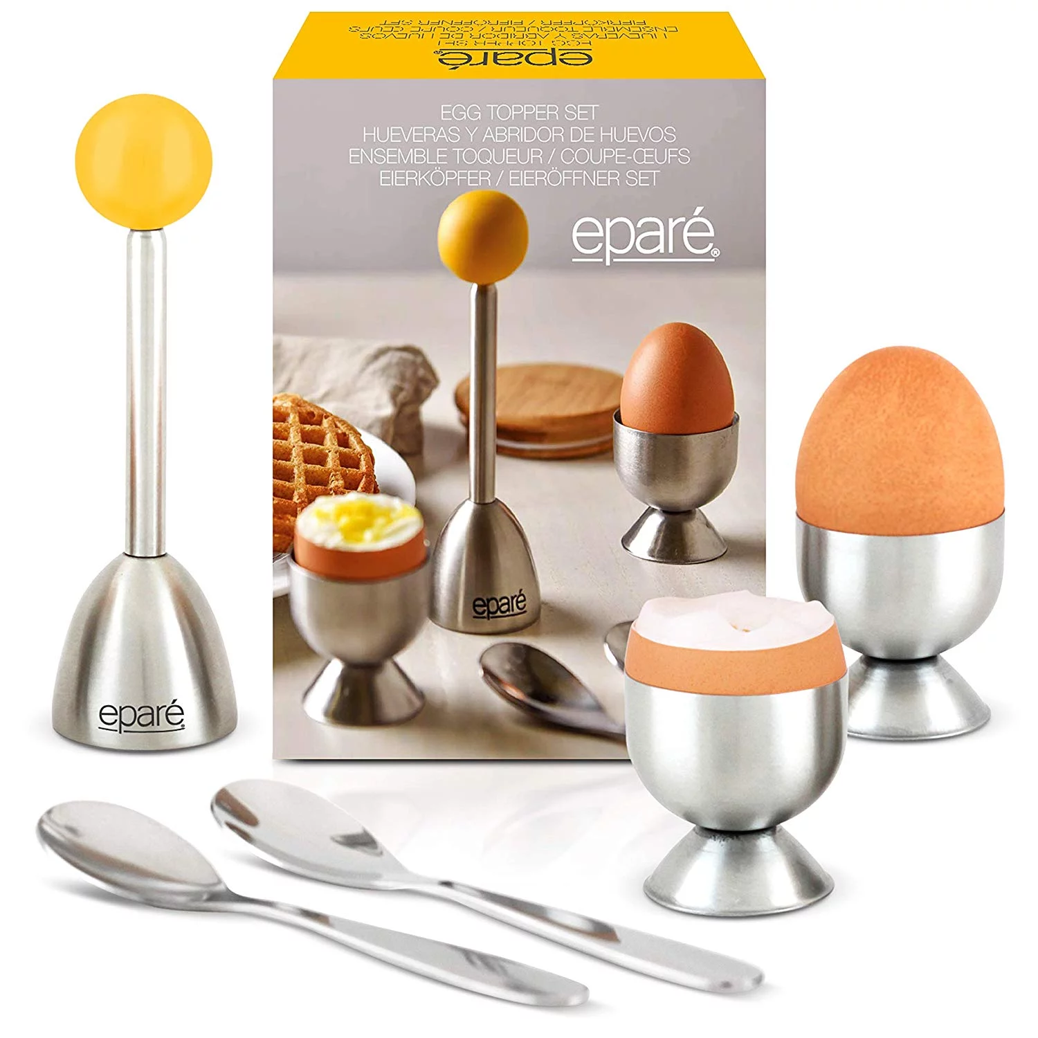 Epare Egg Cracker Topper Set - Complete Soft Boiled Egg Tool Set - Includes Egg Cups, Cutter, Spoons - Easy Eggs Opener
