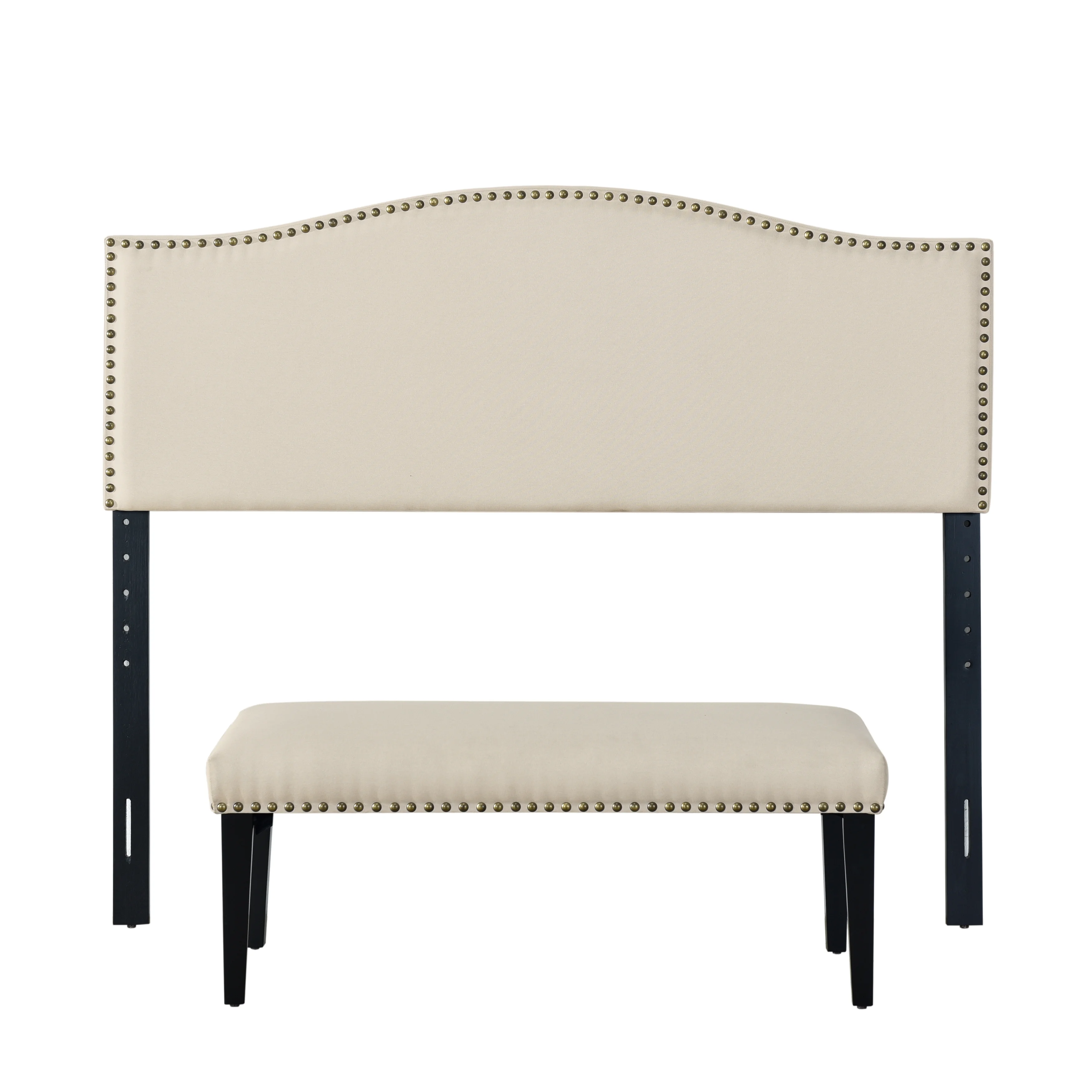 Nailhead Trim Headboard and Bench Set in Linen Fabric