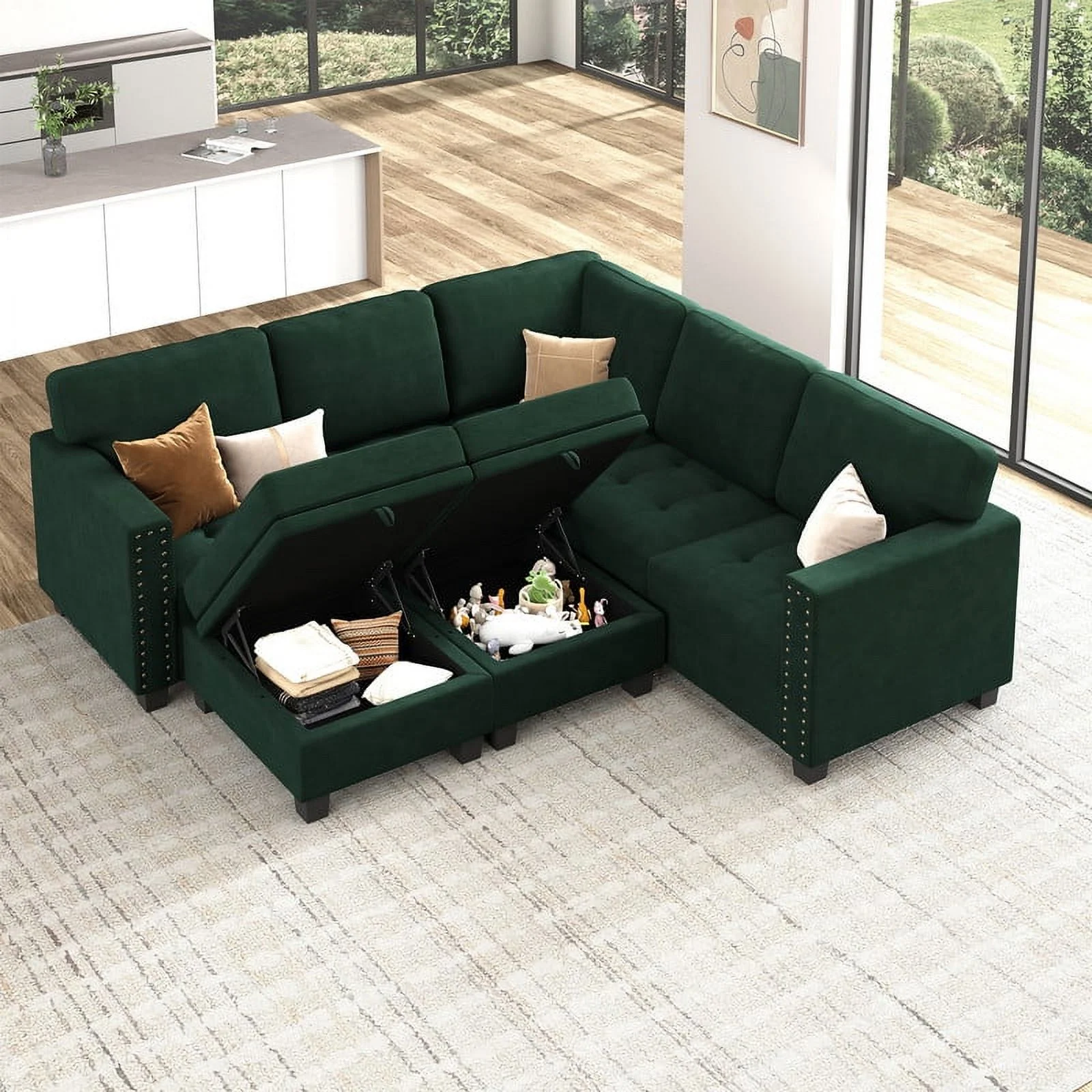HONBAY Convertible Oversized Sleeper Sectional Sofa Sets with Storage for Bedroom, Green