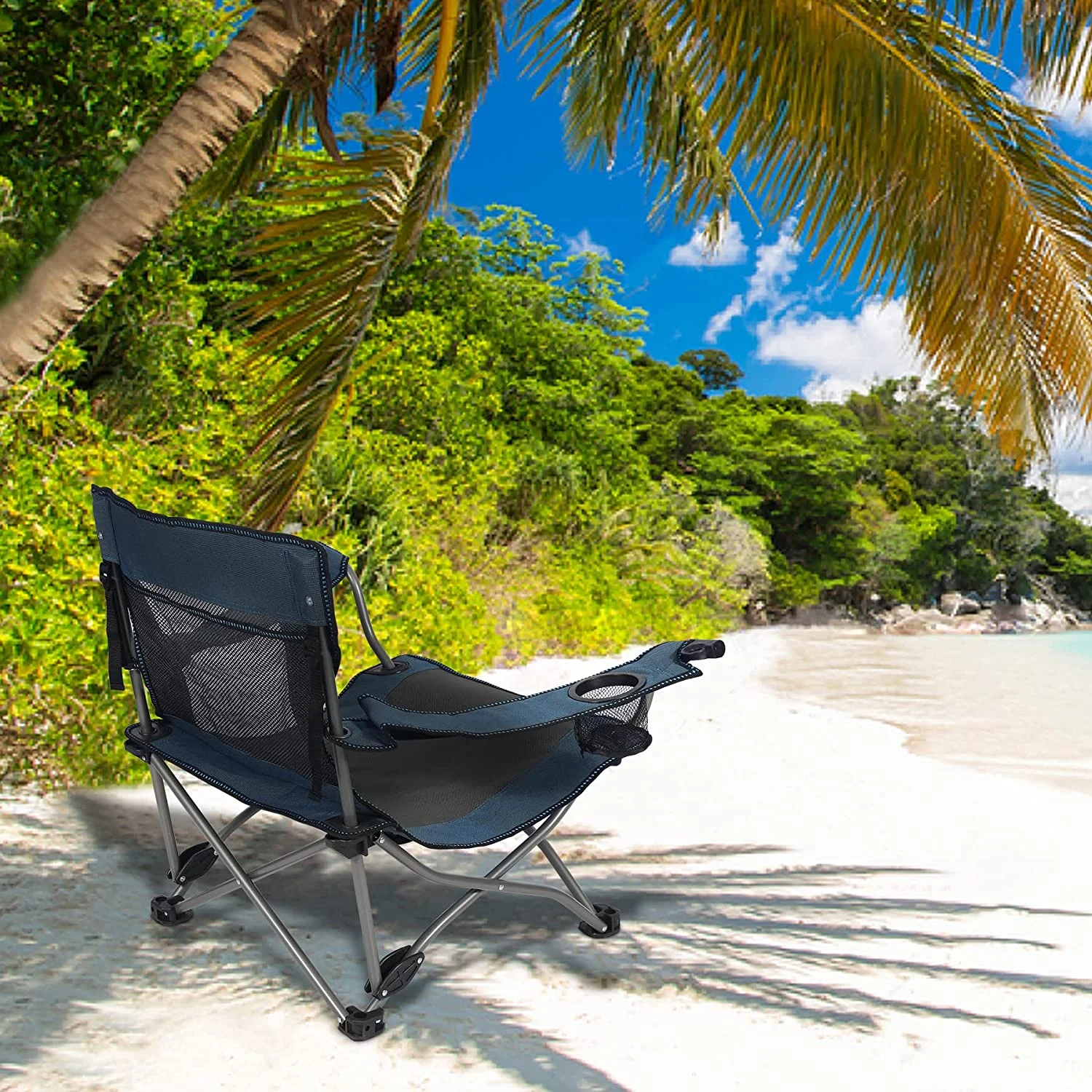 REDCAMP Low Beach Chair with Adjustable backrest and Cup Holder, Portable Camping Chair with Adjustable Armrest, Low Lawn Chair for Outdoor BBQ, Travel, Picnic, Navy 1 Pack