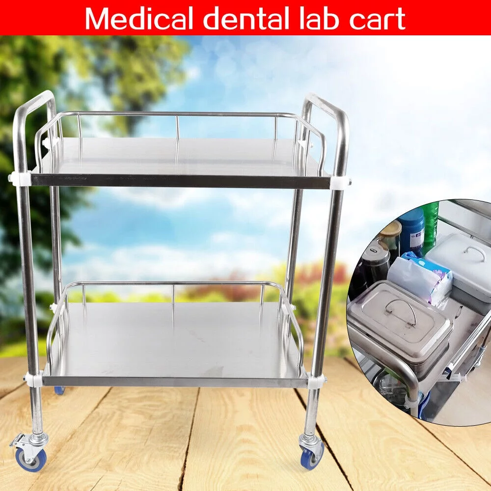 Mkyiongou 2 Tiers Stainless Steel Cart Trolley Medical Lab Mobile Rolling Serving Trolley