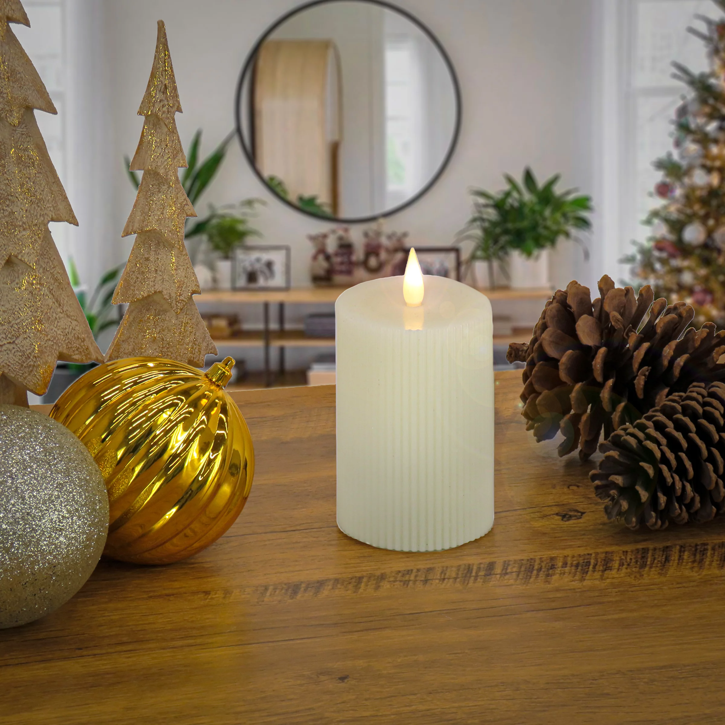 HGTV Home Collection Georgetown Real Motion Flameless Candle With Remote, Ivory with Warm White LED Lights, Battery Powered, 7 in
