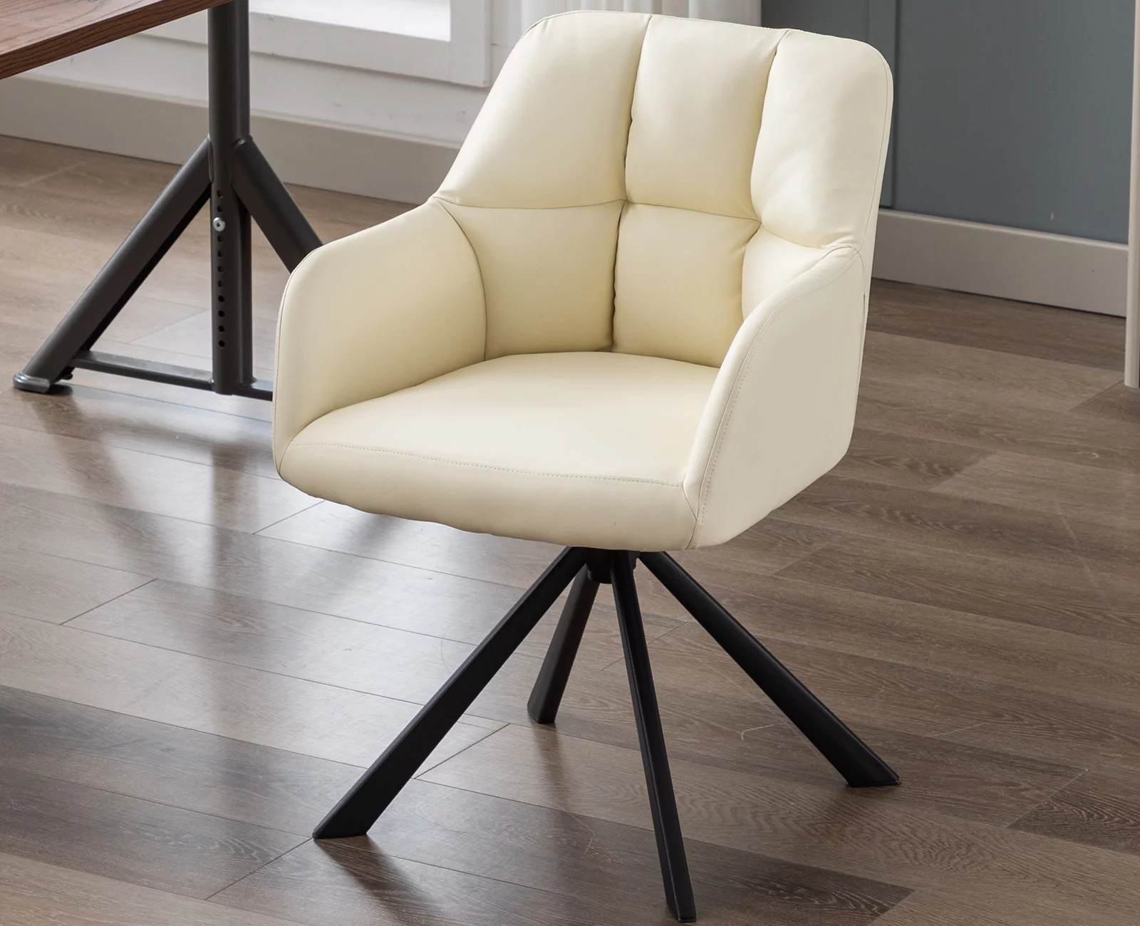 Guyou Modern Swivel Office Chair No Wheels, PU Leather Upholstered Desk Chair Armchair with Black Metal Legs for Living Room Bedroom Home Office, Beige