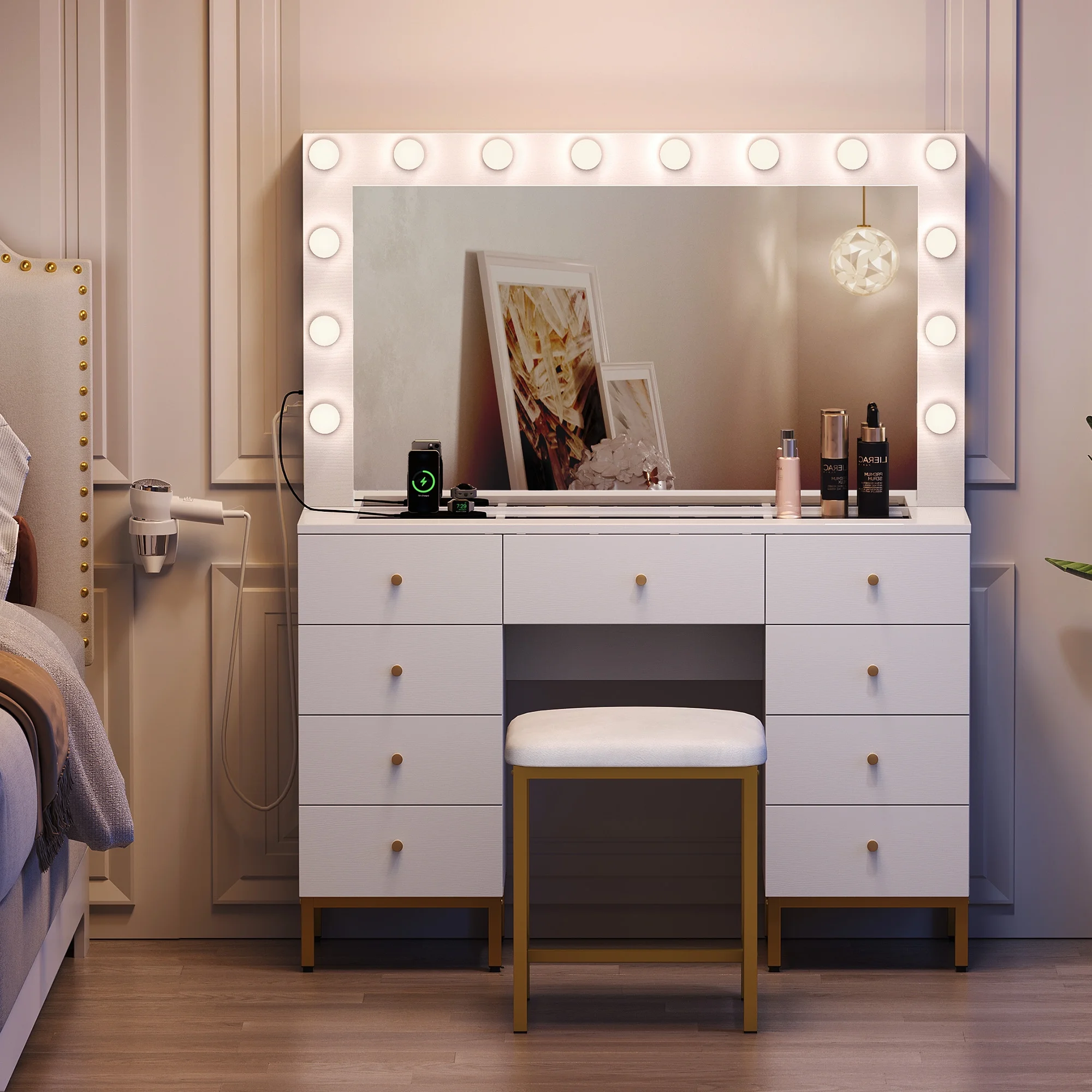 DWVO Vanity Table Set with 3 Color Lighted Mirror & Charging Station & Stool, Modern Makeup Vanity Dressing Table with 9 Drawers for Bedroom, Gold and White Vanity Desk for Women Girls