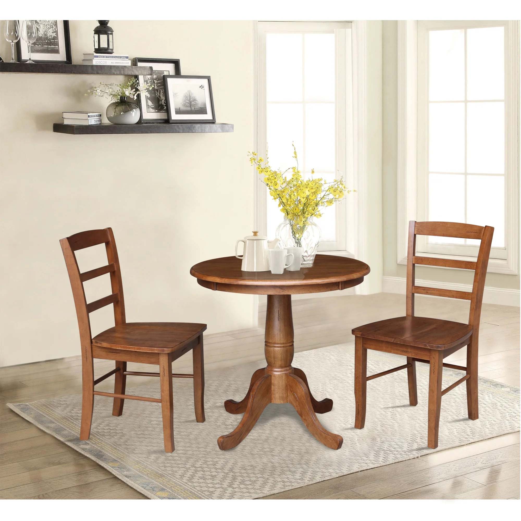 30'' Round Solid Wood Pedestal Dining Table with 2 Madrid Ladder Back Dining Chairs in Distressed Oak