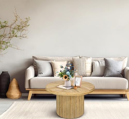 Round Coffee Table, Mid Century Modern Small Rattan Coffee Table, Boho Circle Tea Table, Unique Fluted Coffee Tables, Rustic Center Table for Living Room
