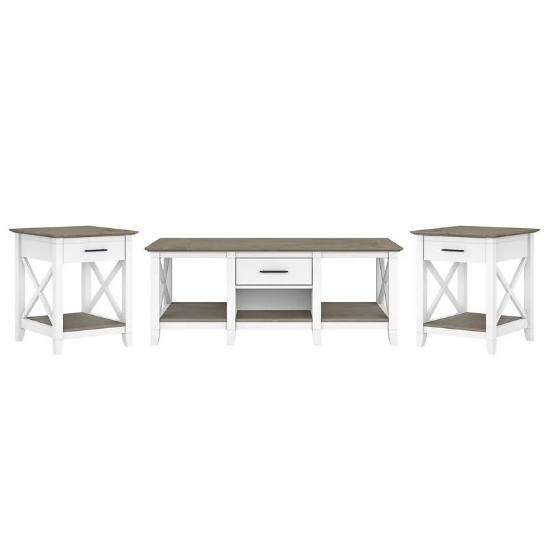 Pemberly Row Coffee Table with End Tables in White and Gray - Engineered Wood