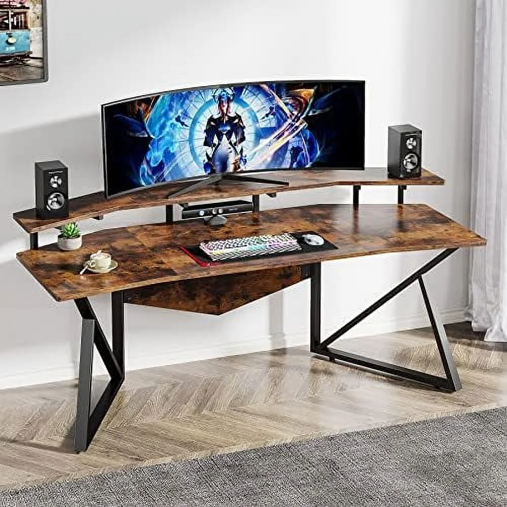 Computer Desk  70.9" Large  Office Desk with Monitor Stand   Wing-Shaped Gaming Studio Desk Study Table Workstation for Live  Streamer Rustic Brown