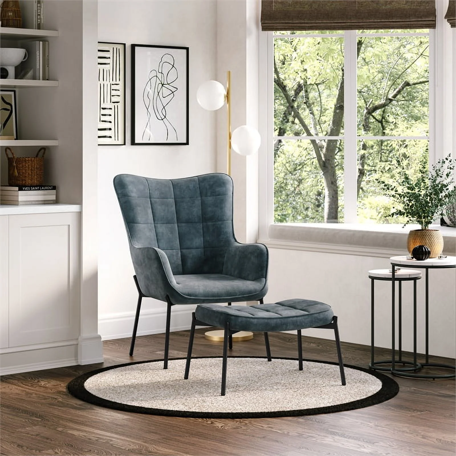 Charlotte Dark Teal Blue Velvet Fabric Wingback Accent Chair with Stool