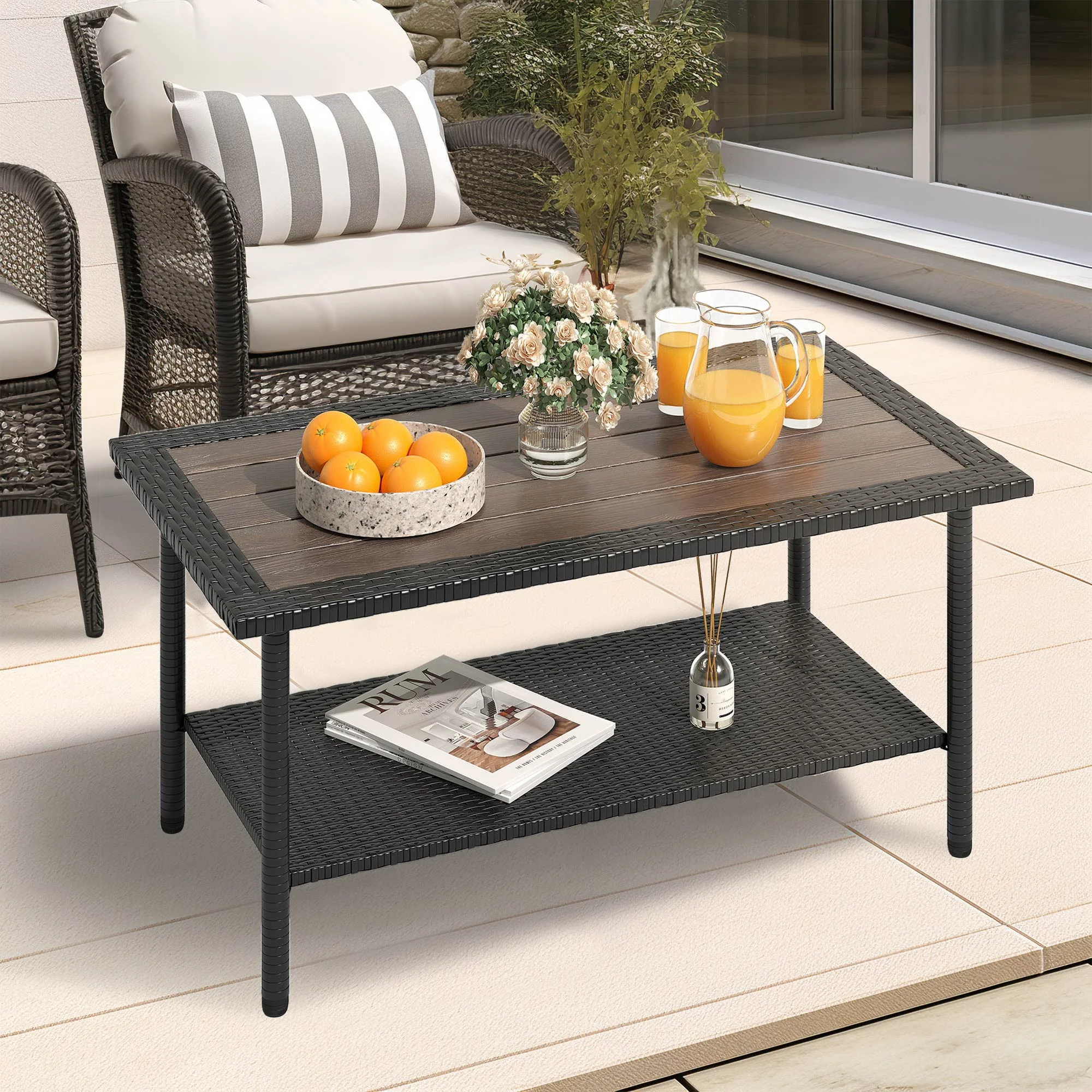 Dextrus Indoor Outdoor Wicker Coffee Table,Patio Furniture Rectangle Outside Side Table-Black