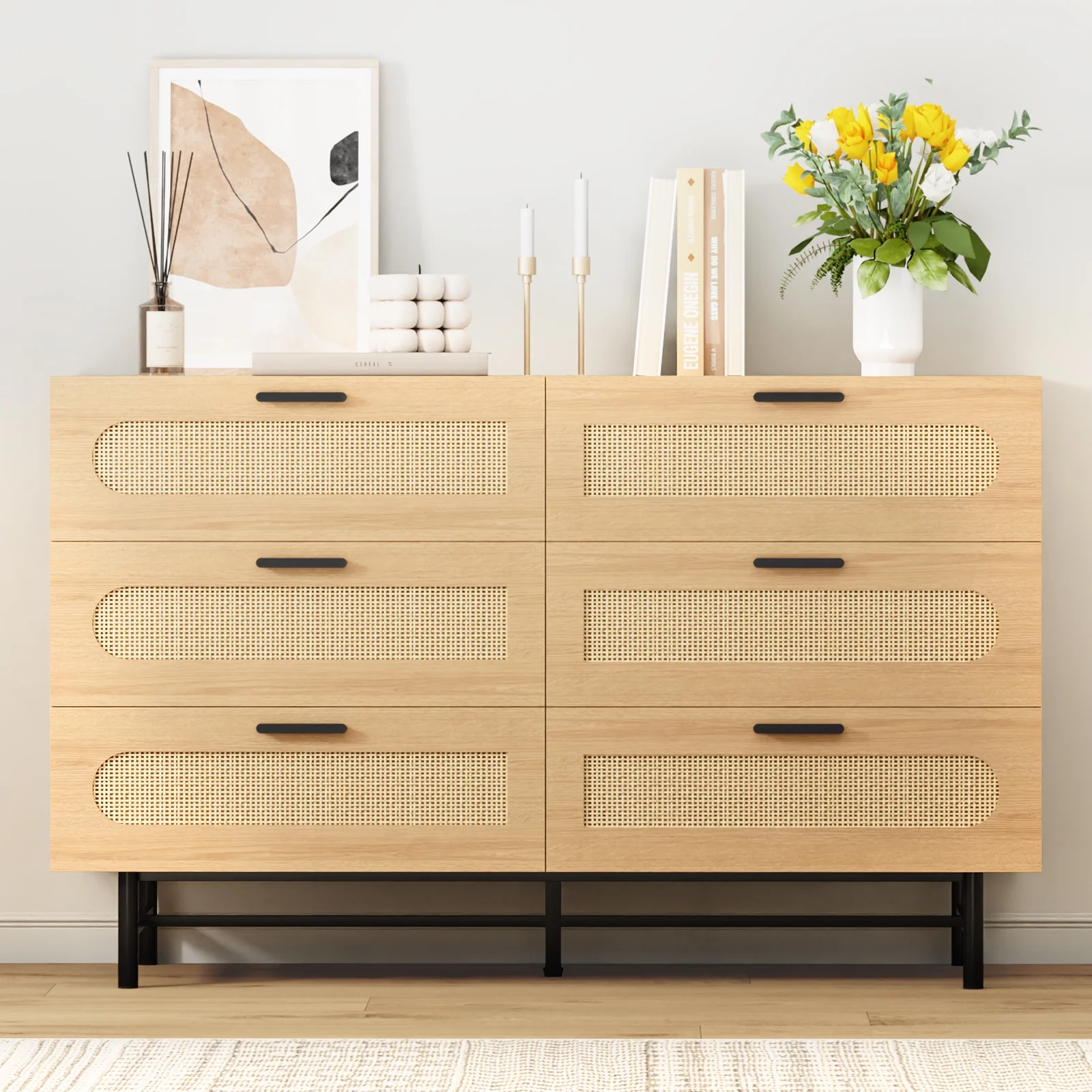 REHOOPEX 6 Drawer Dresser for Bedroom, Natural Rattan Chest of Drawers, Wood Storage Dressers