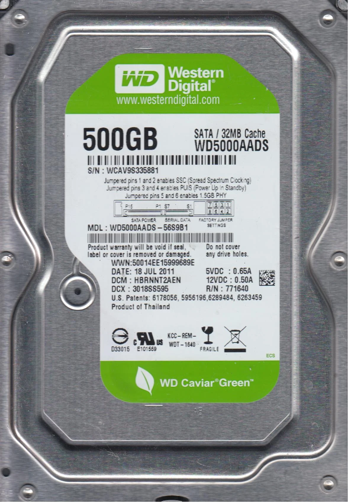 WD5000AADS-56S9B1, DCM HBRNNT2AEN, Western Digital 500GB SATA 3.5 Hard Drive