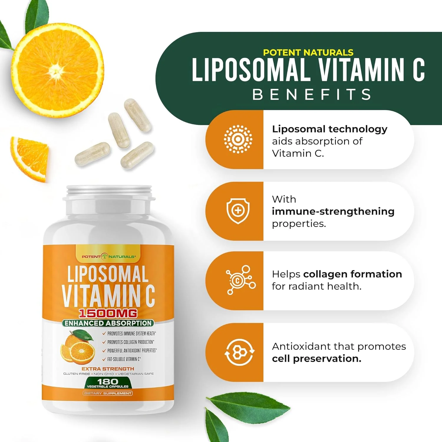 POTENT NATURALS Liposomal Vitamin C 1500mg, Vitamin C Supplement - High Absorption Ascorbic Acid - Immune-Support Supplement & Helps Collagen Production- 180 Capsules 1500 MG