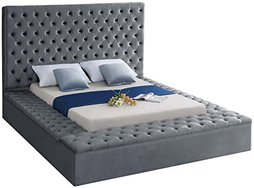 Meridian Furniture Bliss Collection Modern | Contemporary Velvet Upholstered Bed with Deep Button Tufting and Storage Compartments in Rails and Footboard, Black, Queen