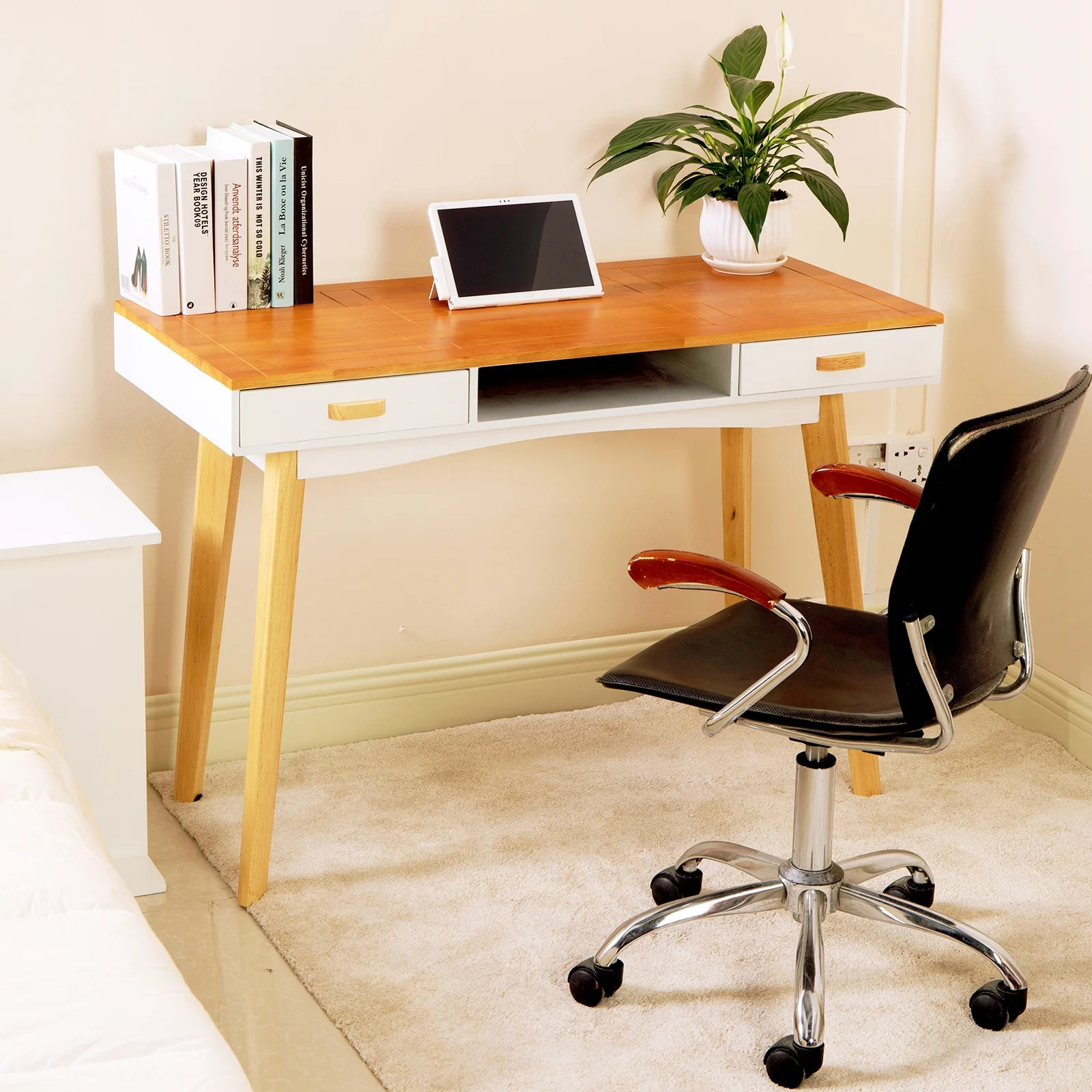 Anself Double Drawer Computer Desk, Solid Wood Construction, Ideal for Study or Gaming