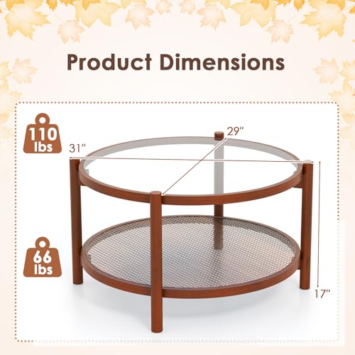 Giantex Rattan Coffee Table, Boho Round Glass Tea Table with PE Rattan Storage Shelf & Wood Frame, 2 Tier Accent Center Table for Living Room, Apartment, Small Space