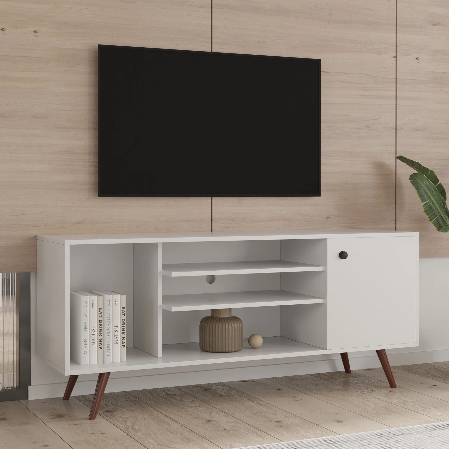 ikayaa TV Stand Use in Living Room Furniture with 1 storage and 2 shelves Cabinet, particle board,White