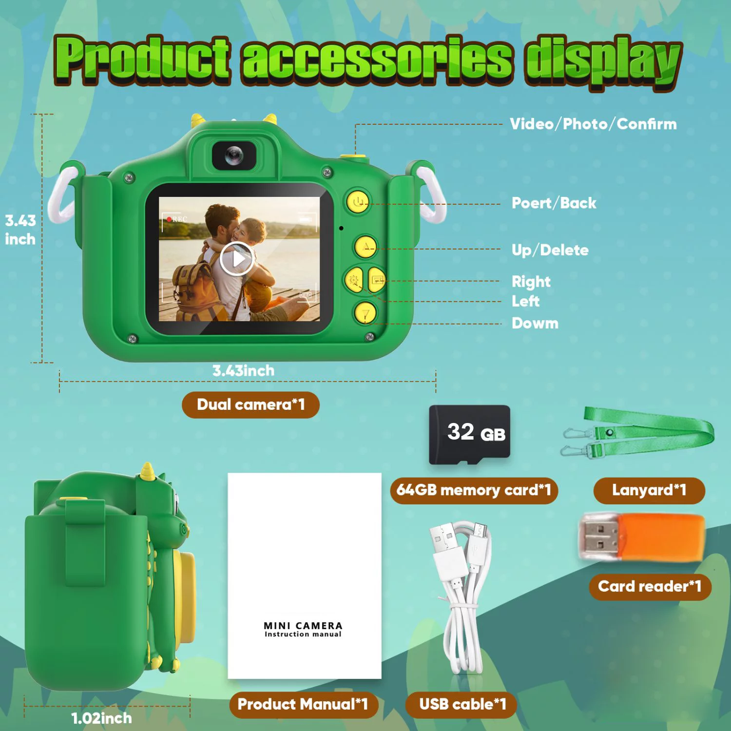MOPO Kid Camera Dinosaur 3 8 Years for Boy Digital Camera Toy for Children Camera for Toddler Dual 2.0inch 32GB Card Green*1
