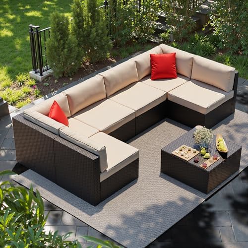 Shintenchi 7 Pieces Patio Furniture Sets Outdoor All-Weather Sectional Patio Sofa Set PE Rattan Manual Weaving Wicker Patio Conversation Set with Glass Table&Ottoman Cushion and Red Pillows, Beige
