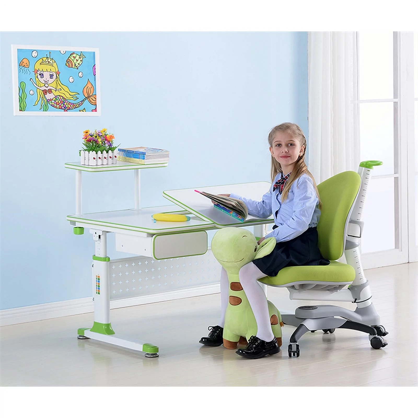 ApexDesk DX Series Children's Height Adjustable Chair with Study Desk in Green