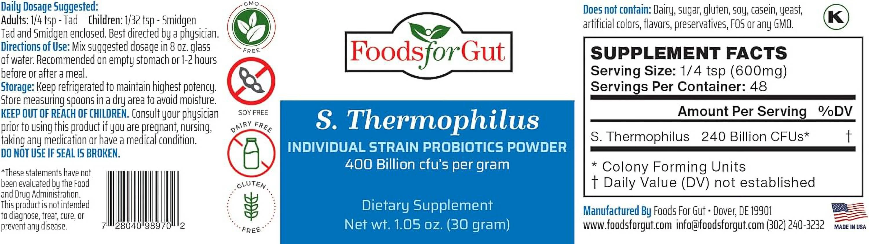 Foods For Gut Streptococcus Thermophilus Probiotic Powder 400 Billion cfu's 30 Gram | Digestive & Immune Support | High Potency | S. Thermophilus