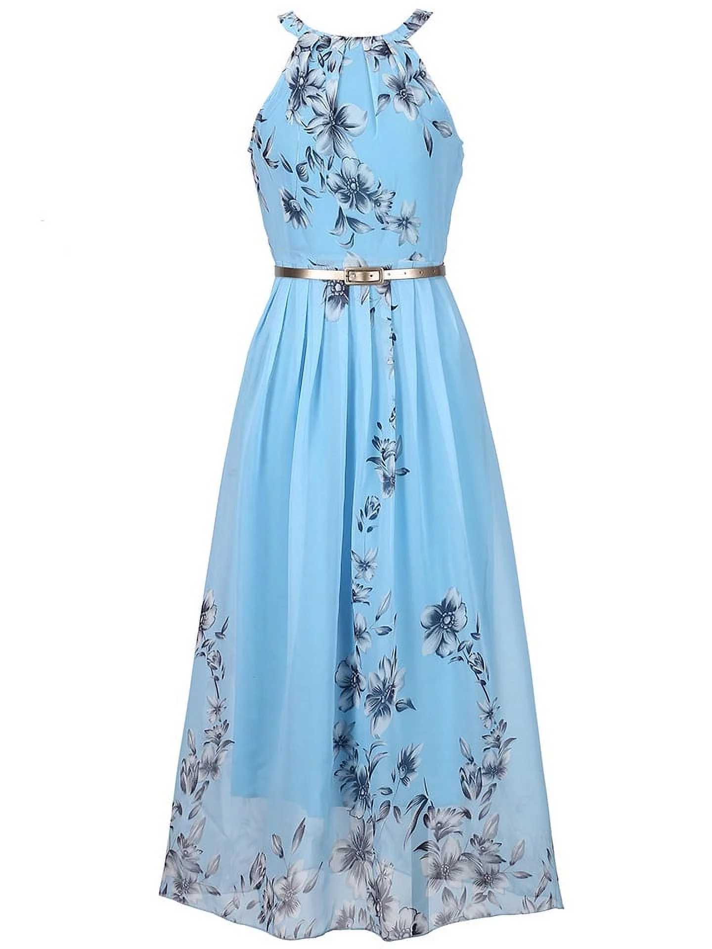 Hotian Women Halter Floral High Waist Chiffon Maxi Party Prom Dress Blue L/US8