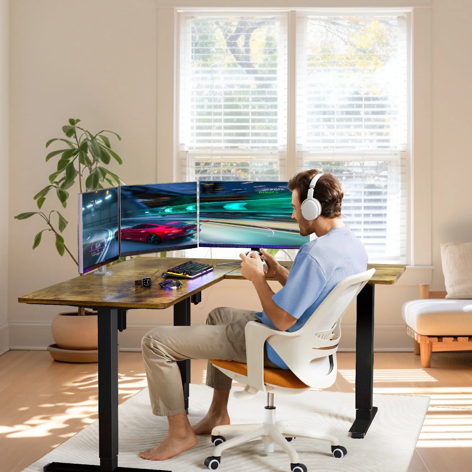 L-Shaped Electric Standing Desk, 63 inch Double Motor Height Adjustable Sit Stand up Corner Desk, Large Home Office Desk Computer Workstation, Vintage Brown