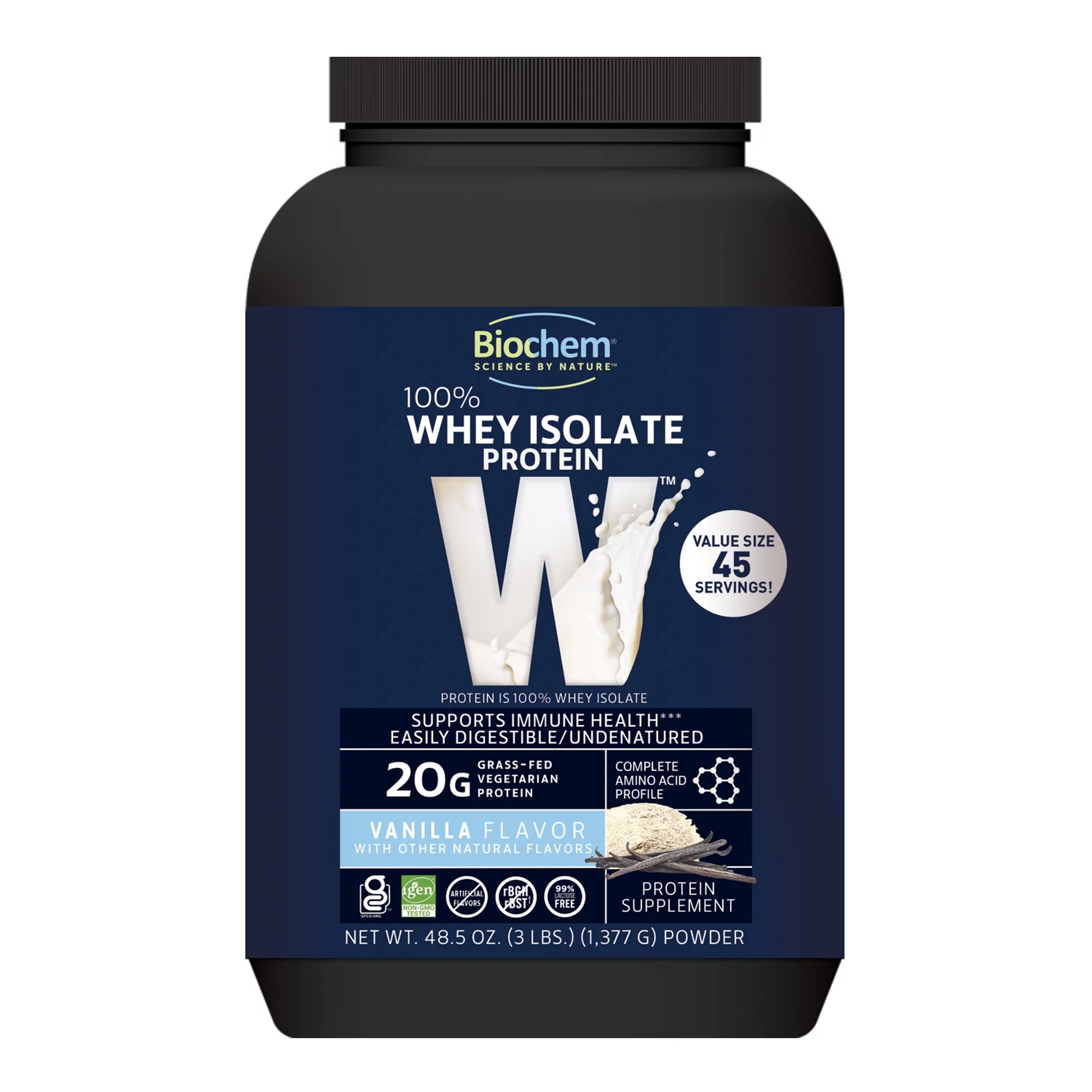 Biochem 100% Whey Protein Vanilla 20g, 48.5oz, Certified Vegetarian, Certified Gluten Free, Non-GMO, Grass-Fed