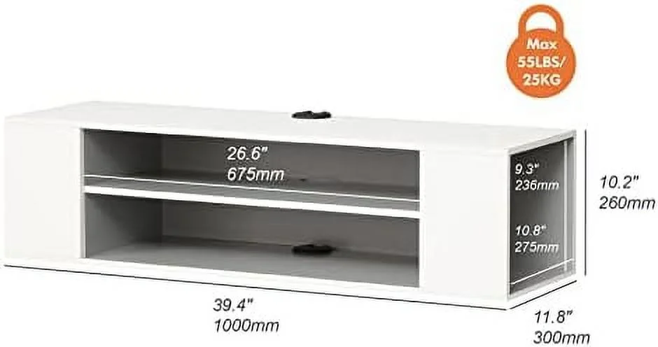 RUNFAYBIU Floating TV Stand with Blue LED Lights Wall Mounted  Entertainment Center  Floating TV Cabinet Media Console Wood  Hutch Under TV for Living Room Grey White 39.4 Inch