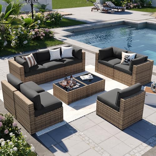 Aoxun Patio Furniture Sets, 7-Piece Outdoor Patio Furniture with Thick Cushions, Wicker Outdoor Conversation Set Sectional Sofa for Backyard, Poolside, Garden