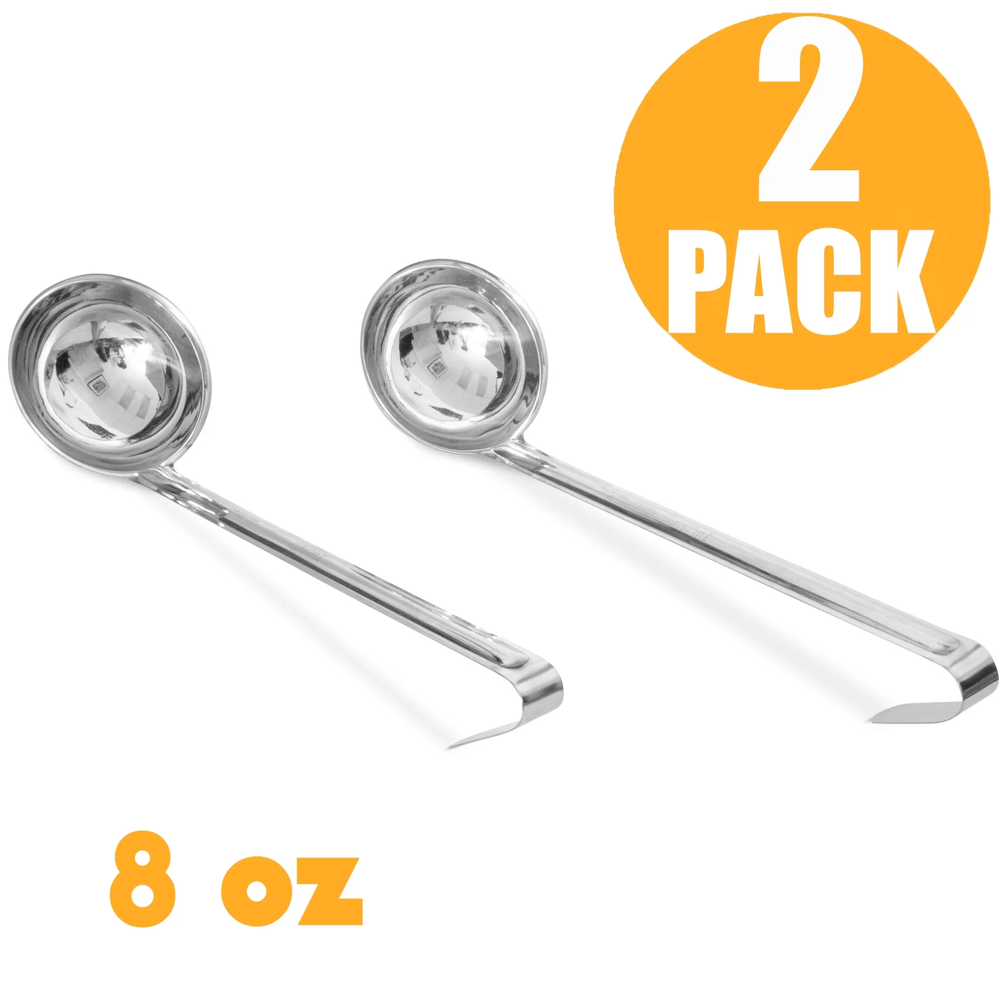 2 Pack 8 Oz Stainless Steel Soup Ladle - One-Piece Sauce Spatula with Hook Handles, Commercial Grade Serving Spoon, Kitchen Tool for Restaurant or Home Cooking, Mirror Finish, 14.25