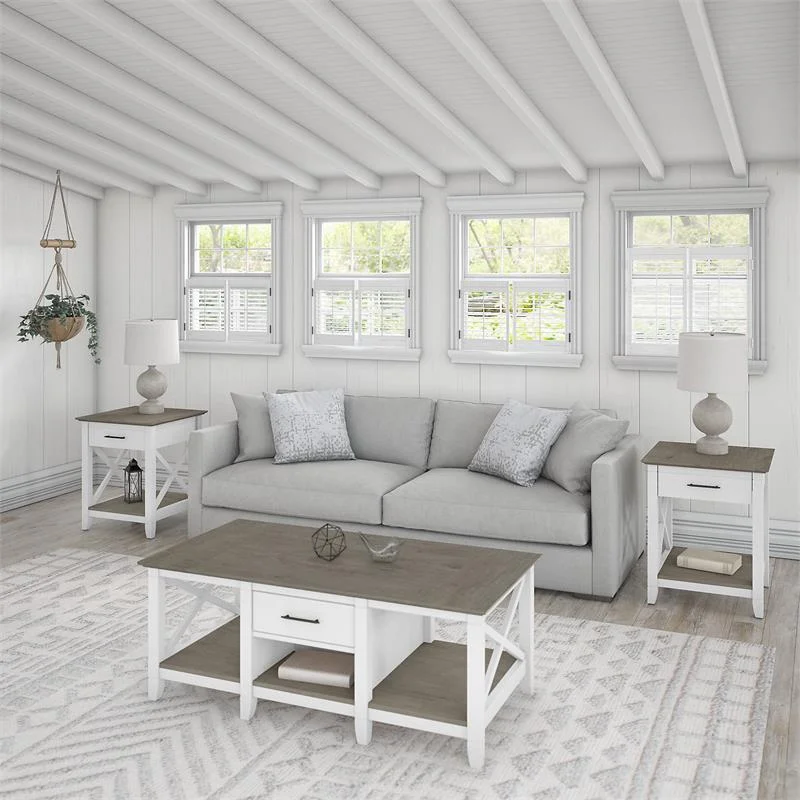 Pemberly Row Coffee Table with End Tables in White and Gray - Engineered Wood