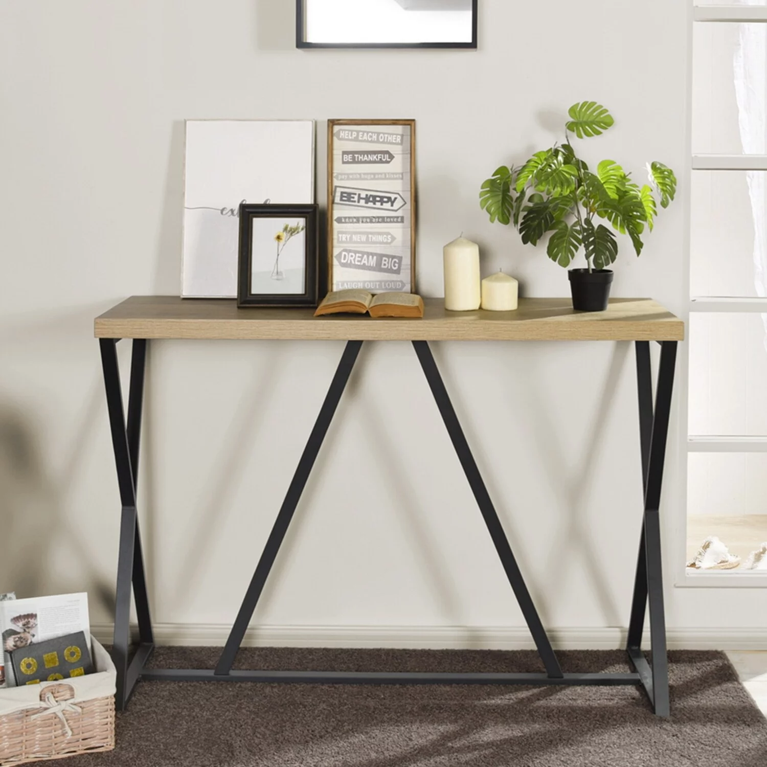HomyLin Industrial 47IN Console Table Sofa Table Oak Black