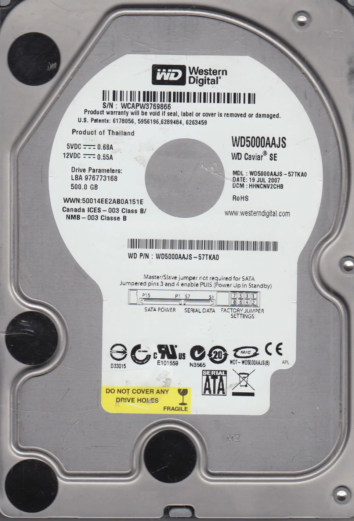 WD5000AAJS-57TKA0, DCM HHNCNV2CHB, Western Digital 500GB SATA 3.5 Hard Drive