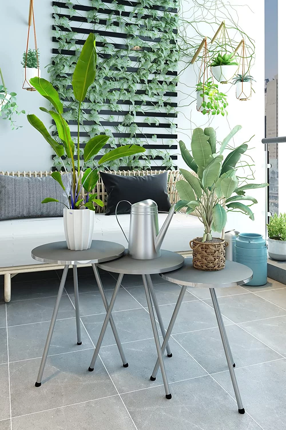 Set of 3 Nesting END Tables - Round Stacking Coffee Side Tables for Small Spaces, Nightstand Bedside Table for Living Room, Bedroom, Living Room, Balcony, Office, NO-Tools Assembly (Silver)