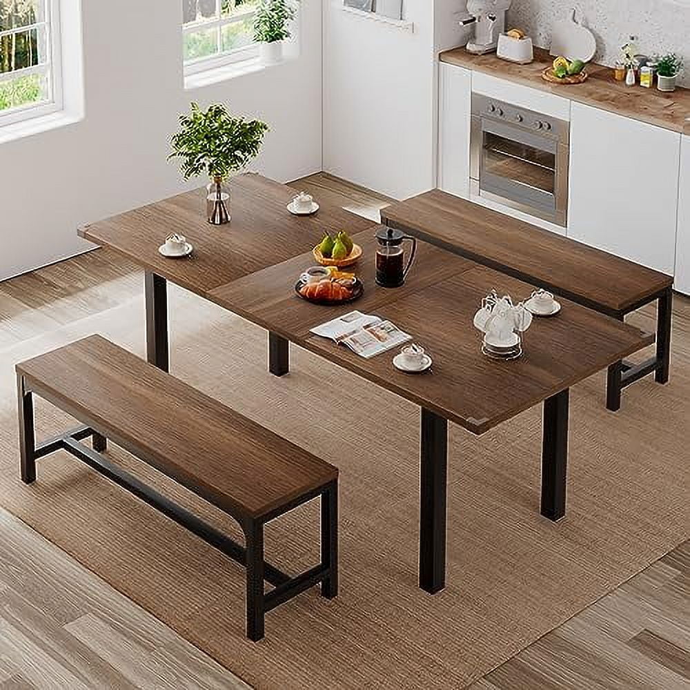 HJZBNONE 3-Piece Dining Table Set for 4-8  63" Extendable Kitchen Table with 2 Benches  Dining Room Table Set with Metal Frame & Wooden Board  Easy Clean  Walnut