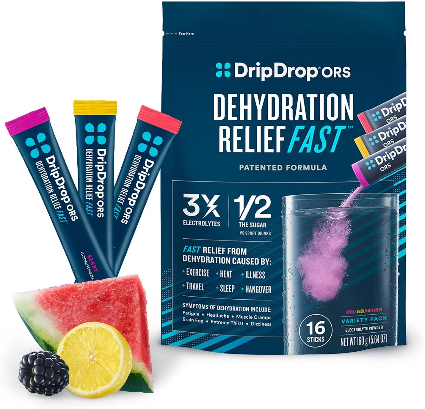 DripDrop ORS - Electrolyte Powder For Dehydration Relief Fast - For Workout, Sweating, Illness, & Travel Recovery - Watermelon, Berry, Lemon Variety Pack - 16 x 8 Oz Servings