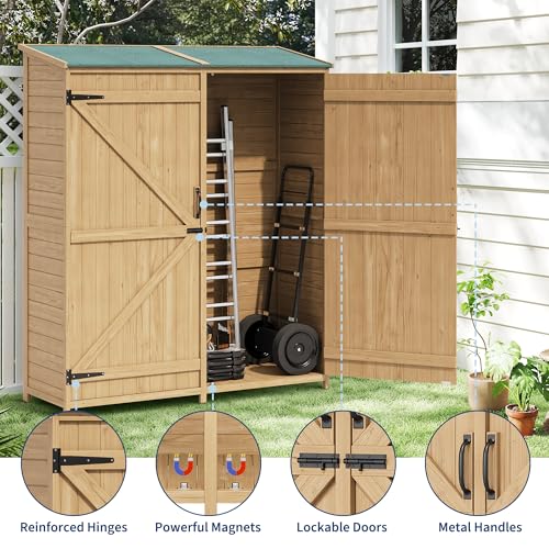 Outdoor Storage Shed with Waterproof Asphalt Roof 2 Removable Adjustable Shelfs and Double Lockable Doors Garden Tool Storage Cabinet with Side Shelf for Long-Size Tools for Yard Garage 33.52 CU.FT