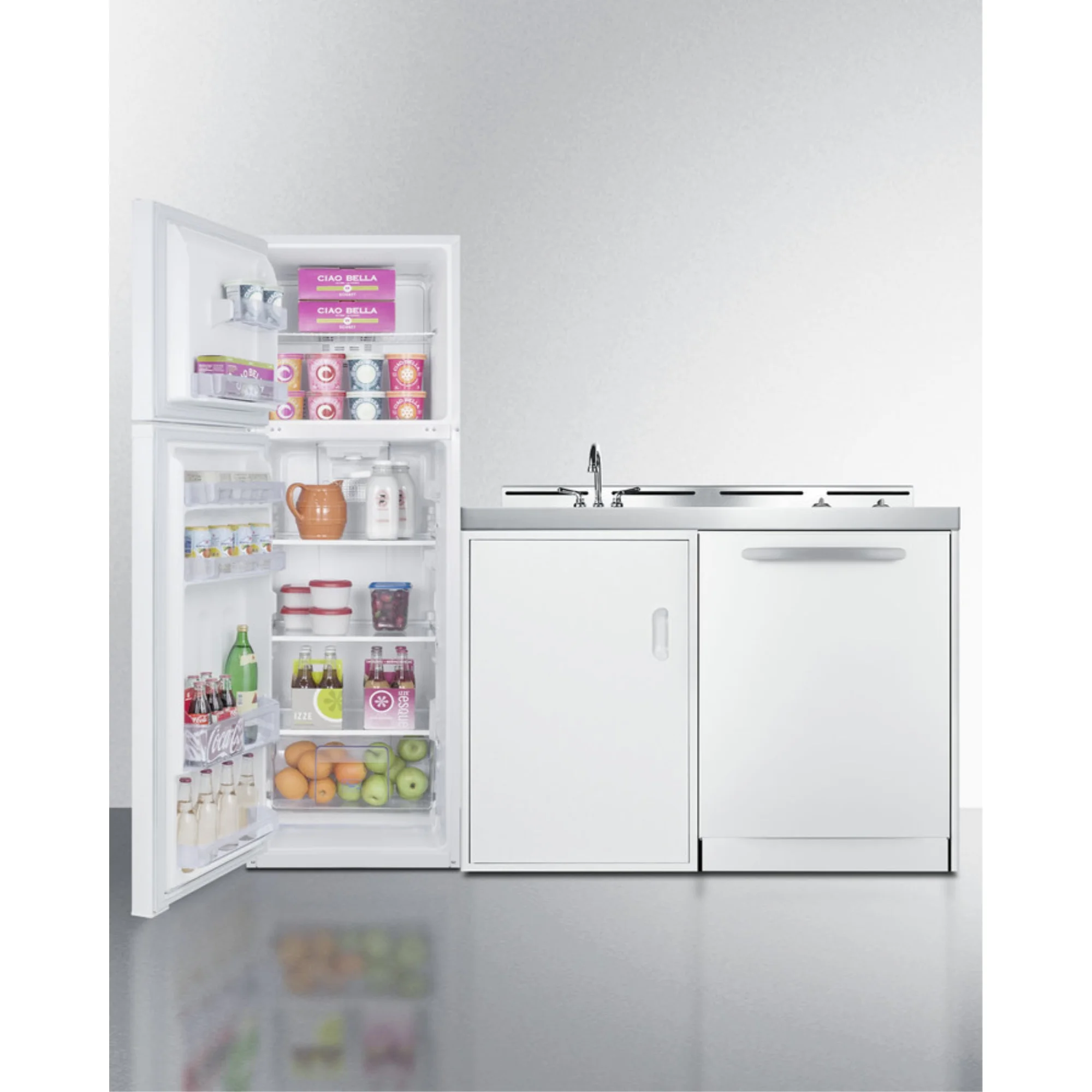 All-in-one combination kitchenette with full-sized refrigerator-freezer, dishwasher, sink, storage cabinet, and 2-burner glass cooktop