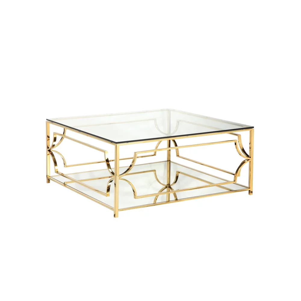 American Home Classic Edward Square Metal and Glass Coffee Table in Polish Gold