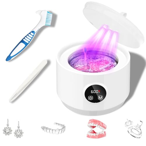 48kHz Ultrasonic Retainer Cleaner,Professional Portable Denture Cleaner with 5UV-Light and LED Digital Timer for Retainer, Mouth Guard, Watch, Jewelry-Home and Travel Use-White