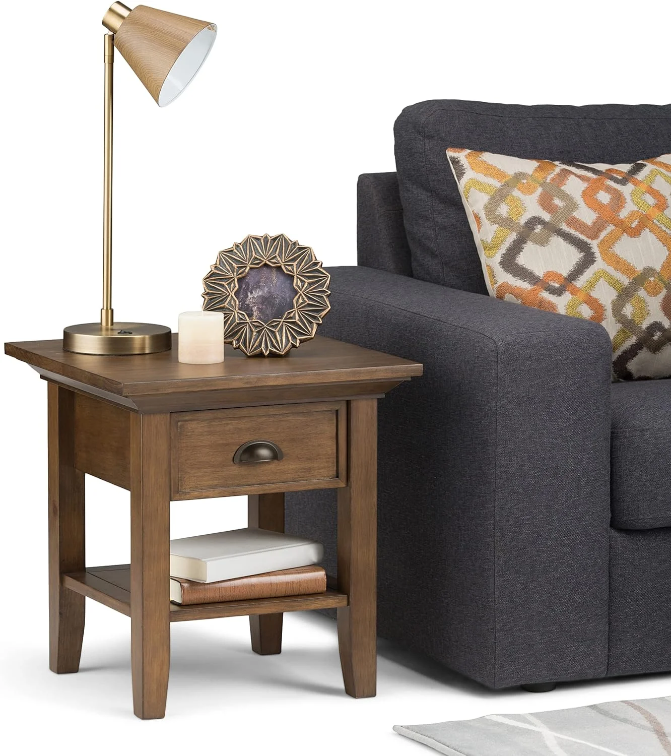 Redmond SOLID WOOD 19 Inch Wide Square End Side Table In Rustic Natural Aged Brown With Storage, 1 Drawer And 1 Shelf, For The Living Room And Bedroom