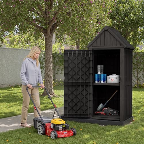 Outdoor Storage Shed,Resin Storage Cabinet with Lockable Door,Removable Shelves,Reinforced Floor,Durable and Weatherproof Shed for Backyard Garden Patio Lawn(Grey)