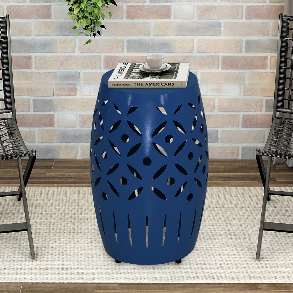 Maypex  18Inch H Geometric Cut Iron Drum End Table Drum Navy Weather Resistant