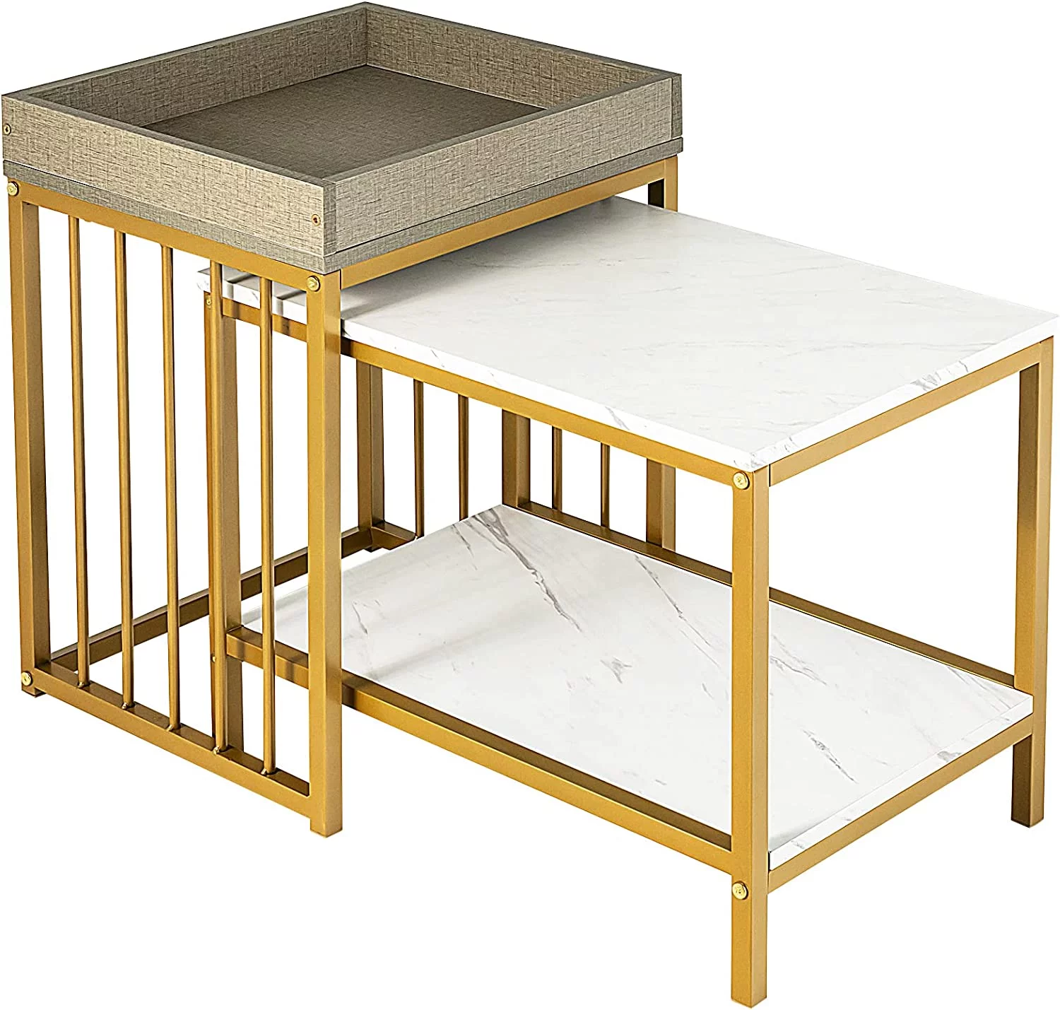 Nesting Coffee Table Set Of 2, Space-Saving Side Table Set W/Tray Top End Table & 2-Tier Narrow Coffee Table, Faux Marble Accent Table Set For Living Room Bedroom(Gold & White)