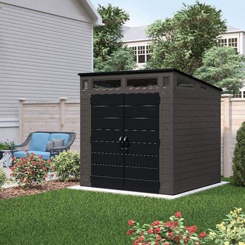 Suncast Modern Outdoor Storage Shed, 200 cu. ft. Peppercorn Resin Plastic Shed for Lawn Mower, Bikes, Utility Tools, Patio, & Yard. Weatherproof & Lockable Modern Sheds & Outdoor Storage, Made in USA